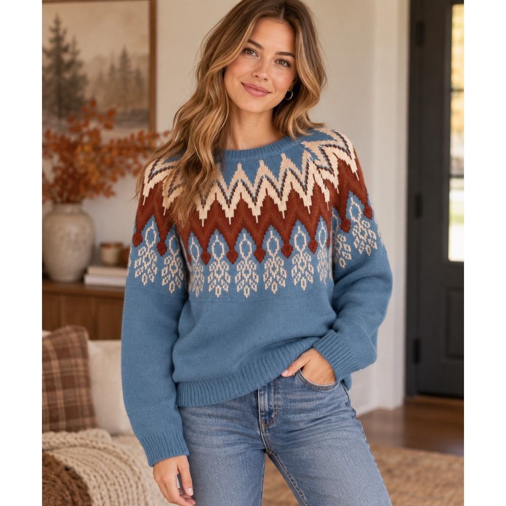 Fair Isle Knit Sweater Boho Cottagecore Coastal Blue Brown White Geometric Sz S